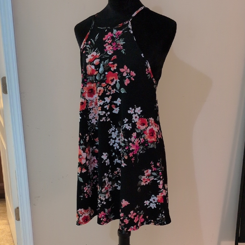 Doublju Black Floral Halter Mini Dress with Pink & Red Blooms